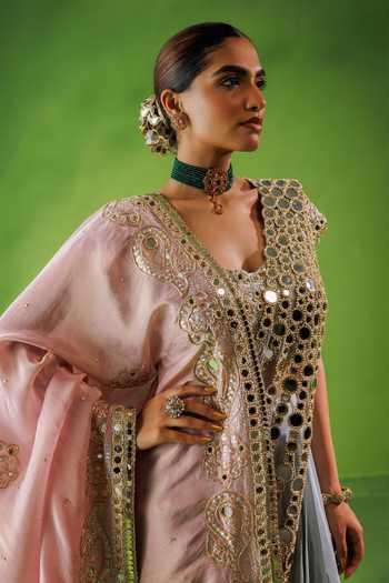 Shop_Kisakshi Jaipur_Blue Silk, Chanderi, Net, Tissue Embroidered Blouse And Pre-draped Saree Set _Online_at_Aza_Fashions