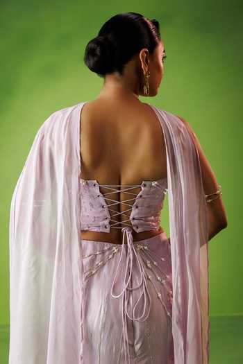 Kisakshi Jaipur Lavender Organza, Chanderi Sequins, Beads V-neck Embroidered Corset Skirt Set Online at Aza Fashions Kisakshi Jaipur_Lavender Organza, Chanderi Sequins, Beads V-neck Embroidered Corset Skirt Set _Online_at_Aza_Fashions