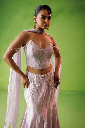 Buy Kisakshi Jaipur Lavender Organza, Chanderi Sequins, Beads V-neck Embroidered Corset Skirt Set Online at Aza Fashions Buy_Kisakshi Jaipur_Lavender Organza, Chanderi Sequins, Beads V-neck Embroidered Corset Skirt Set _Online_at_Aza_Fashions