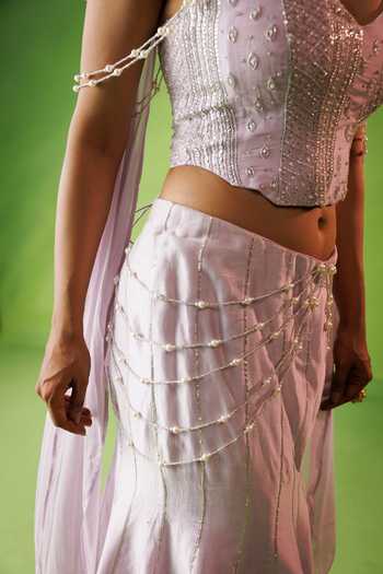 Shop Kisakshi Jaipur Lavender Organza, Chanderi Sequins, Beads V-neck Embroidered Corset Skirt Set Online at Aza Fashions Shop_Kisakshi Jaipur_Lavender Organza, Chanderi Sequins, Beads V-neck Embroidered Corset Skirt Set _Online_at_Aza_Fashions