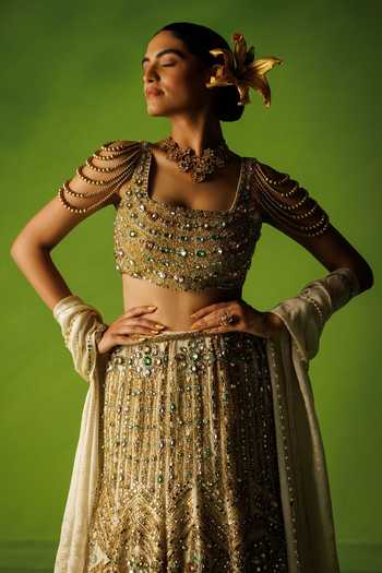 Buy Kisakshi Jaipur Beige Silk, Tissue Square Neck Hand Embellished Lehenga Set Online at Aza Fashions Buy_Kisakshi Jaipur_Beige Silk, Tissue Square Neck Hand Embellished Lehenga Set _Online_at_Aza_Fashions