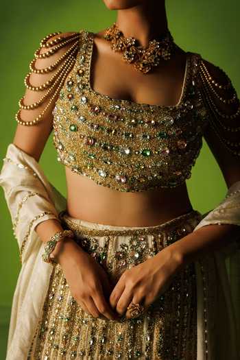 Shop Kisakshi Jaipur Beige Silk, Tissue Square Neck Hand Embellished Lehenga Set Online at Aza Fashions Shop_Kisakshi Jaipur_Beige Silk, Tissue Square Neck Hand Embellished Lehenga Set _Online_at_Aza_Fashions