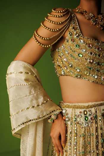 Kisakshi Jaipur Beige Silk, Tissue Square Neck Hand Embellished Lehenga Set at Aza Fashions Kisakshi Jaipur_Beige Silk, Tissue Square Neck Hand Embellished Lehenga Set _at_Aza_Fashions