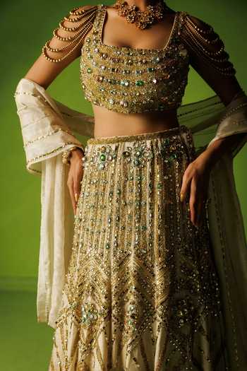 Buy Kisakshi Jaipur Beige Silk, Tissue Square Neck Hand Embellished Lehenga Set Buy_Kisakshi Jaipur_Beige Silk, Tissue Square Neck Hand Embellished Lehenga Set