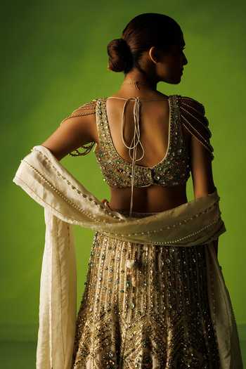 Shop Kisakshi Jaipur Beige Silk, Tissue Square Neck Hand Embellished Lehenga Set Shop_Kisakshi Jaipur_Beige Silk, Tissue Square Neck Hand Embellished Lehenga Set