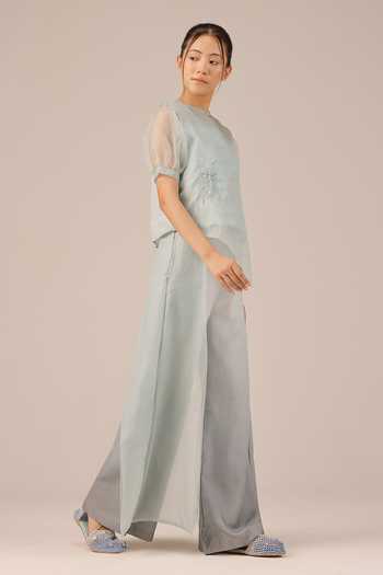 OurDve_Grey Organza, Linen Round Neck Blum Jelly Top And Pant Set _Online_at_Aza_Fashions