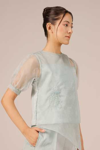 Buy_OurDve_Grey Organza, Linen Round Neck Blum Jelly Top And Pant Set _Online_at_Aza_Fashions