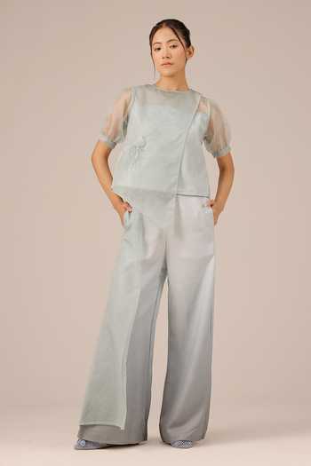 OurDve_Grey Organza, Linen Round Neck Blum Jelly Top And Pant Set _at_Aza_Fashions