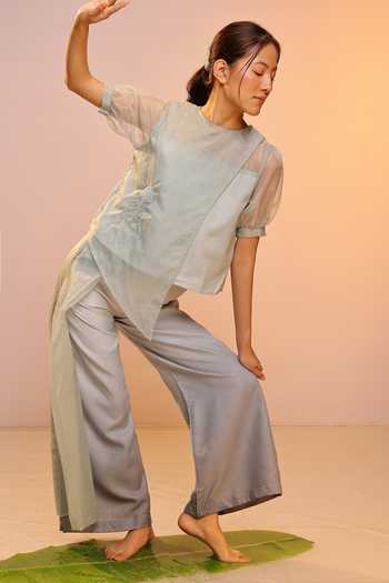 Buy_OurDve_Grey Organza, Linen Round Neck Blum Jelly Top And Pant Set 