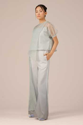 Shop_OurDve_Grey Organza, Linen Round Neck Blum Jelly Top And Pant Set 