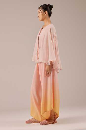 OurDve_Pink Linen Golden Dune Mull Top Set With Jacket _Online_at_Aza_Fashions