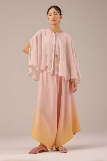 Shop_OurDve_Pink Linen Golden Dune Mull Top Set With Jacket _Online_at_Aza_Fashions