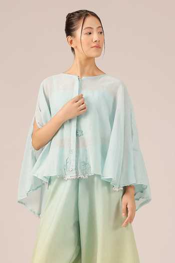 OurDve_Blue Linen Round Neck Golden Dune Mull And Top Set _Online_at_Aza_Fashions