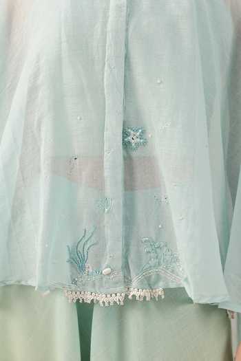 OurDve_Blue Linen Round Neck Golden Dune Mull And Top Set _at_Aza_Fashions