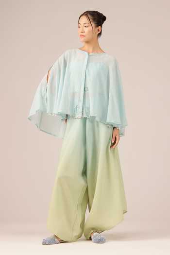 Buy_OurDve_Blue Linen Round Neck Golden Dune Mull And Top Set 