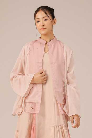 OurDve Pink Cotton, Muslin V-neck, Mandarin Collar Blush Pearl Mull Dress And Jacket Set Online at Aza Fashions OurDve_Pink Cotton, Muslin V-neck, Mandarin Collar Blush Pearl Mull Dress And Jacket Set _Online_at_Aza_Fashions
