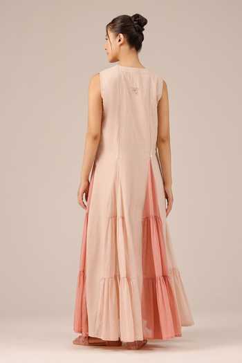 Shop_OurDve_Pink Cotton, Muslin V-neck, Mandarin Collar Blush Pearl Mull Dress And Jacket Set _Online_at_Aza_Fashions