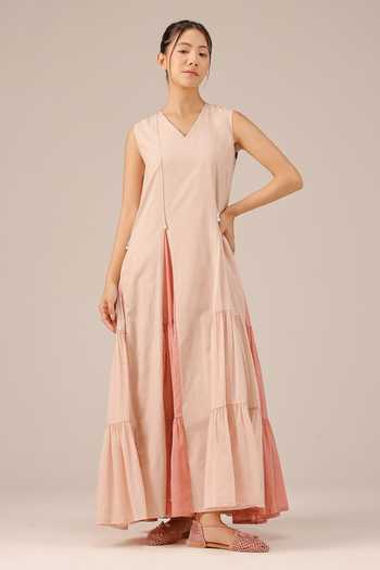 OurDve_Pink Cotton, Muslin V-neck, Mandarin Collar Blush Pearl Mull Dress And Jacket Set _at_Aza_Fashions