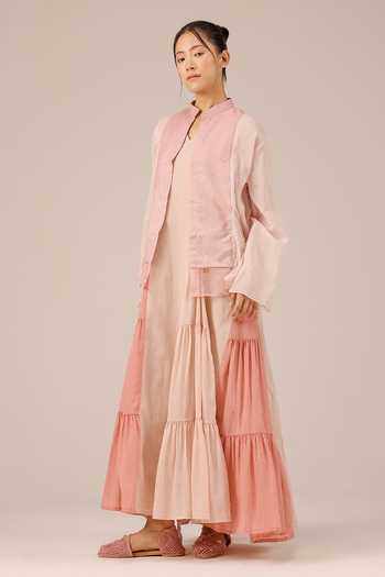 Buy_OurDve_Pink Cotton, Muslin V-neck, Mandarin Collar Blush Pearl Mull Dress And Jacket Set 