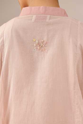 Shop_OurDve_Pink Cotton, Muslin V-neck, Mandarin Collar Blush Pearl Mull Dress And Jacket Set 