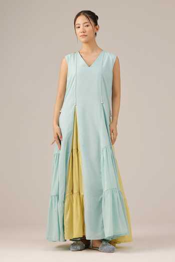 OurDve_Blue Cotton V-neck, Mandarin Collar Blush Pearl Dress And Jacket Set _Online_at_Aza_Fashions
