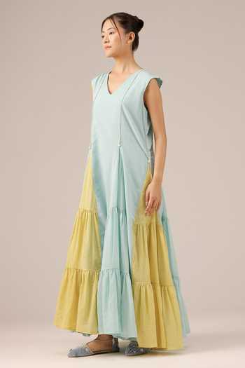 Buy_OurDve_Blue Cotton V-neck, Mandarin Collar Blush Pearl Dress And Jacket Set _Online_at_Aza_Fashions