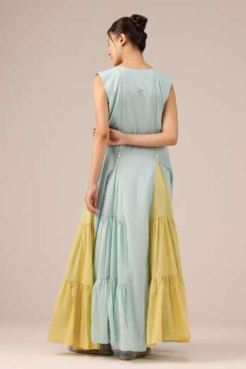 OurDve_Blue Cotton V-neck, Mandarin Collar Blush Pearl Dress And Jacket Set _at_Aza_Fashions