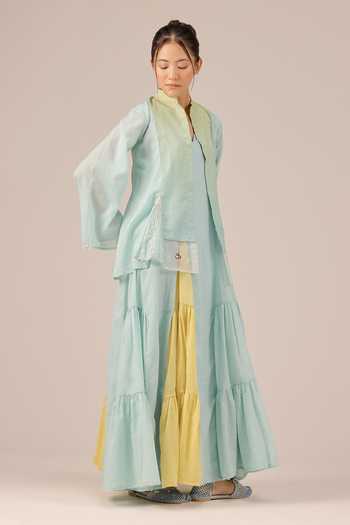 Buy_OurDve_Blue Cotton V-neck, Mandarin Collar Blush Pearl Dress And Jacket Set 