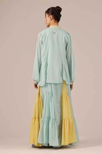 Shop_OurDve_Blue Cotton V-neck, Mandarin Collar Blush Pearl Dress And Jacket Set 
