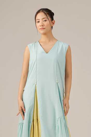 OurDve_Blue Cotton V-neck Blush Pearl Dress _Online_at_Aza_Fashions