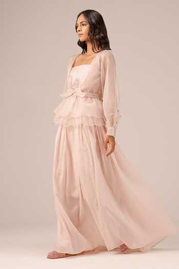 OurDve_Pink Linen, Organza Square , Open Flora Dress And Jacket Set _Online_at_Aza_Fashions