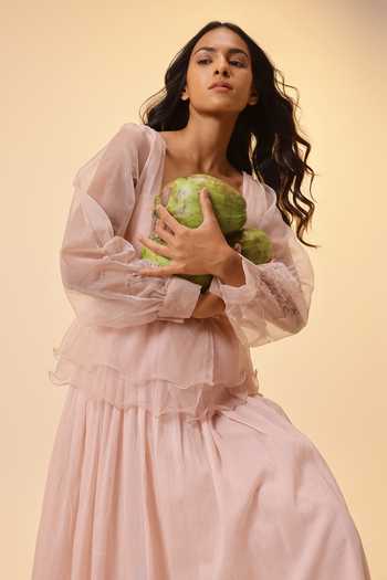 Buy_OurDve_Pink Linen, Organza Square , Open Flora Dress And Jacket Set _Online_at_Aza_Fashions