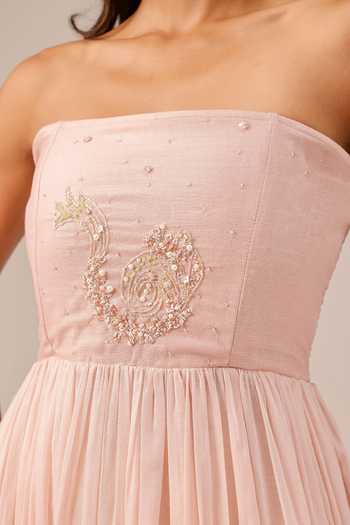 OurDve_Pink Linen, Organza Square , Open Flora Dress And Jacket Set _at_Aza_Fashions