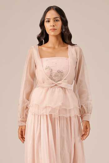 Buy OurDve Pink Linen, Organza Square , Open Flora Dress And Jacket Set Buy_OurDve_Pink Linen, Organza Square , Open Flora Dress And Jacket Set