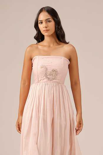 Shop OurDve Pink Linen, Organza Square , Open Flora Dress And Jacket Set Shop_OurDve_Pink Linen, Organza Square , Open Flora Dress And Jacket Set