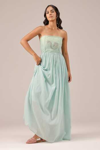OurDve_Blue Linen, Organza Bandeau , Open Flora Dress And Jacket Set _Online_at_Aza_Fashions
