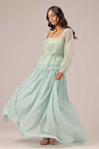 Buy_OurDve_Blue Linen, Organza Bandeau , Open Flora Dress And Jacket Set _Online_at_Aza_Fashions
