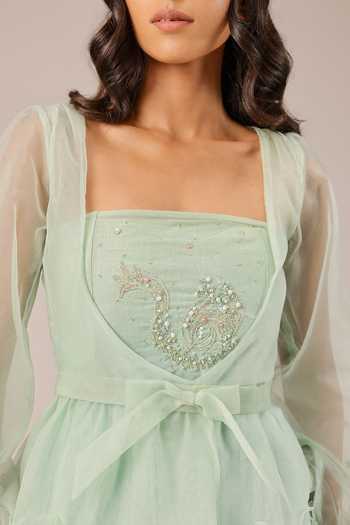 OurDve_Blue Linen, Organza Bandeau , Open Flora Dress And Jacket Set _at_Aza_Fashions