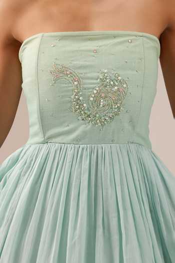 Buy_OurDve_Blue Linen, Organza Bandeau , Open Flora Dress And Jacket Set 