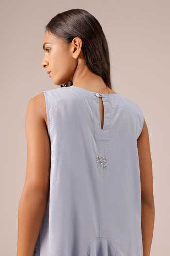 OurDve_Blue Linen V-, Collared Ocean Dusk Dress And Jacket Set _Online_at_Aza_Fashions
