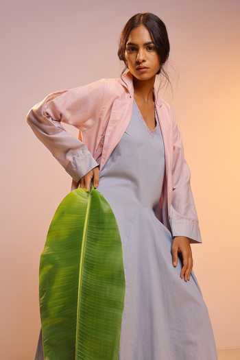 Buy_OurDve_Blue Linen V-, Collared Ocean Dusk Dress And Jacket Set _Online_at_Aza_Fashions