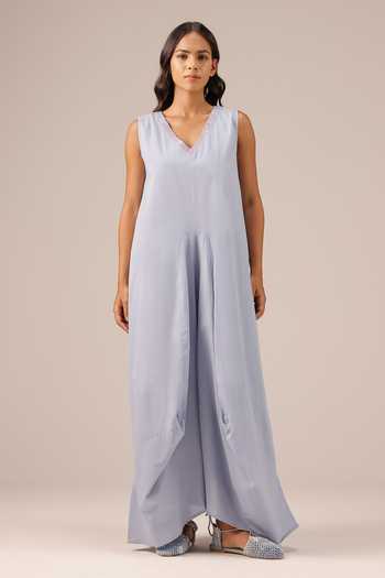 Shop_OurDve_Blue Linen V-, Collared Ocean Dusk Dress And Jacket Set _Online_at_Aza_Fashions