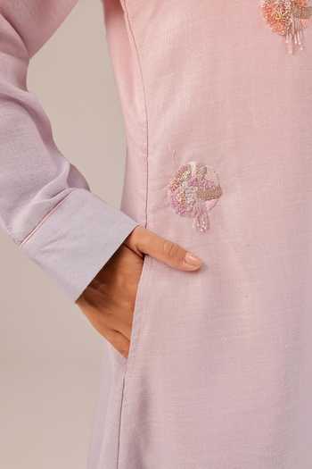 OurDve_Blue Linen V-, Collared Ocean Dusk Dress And Jacket Set _at_Aza_Fashions