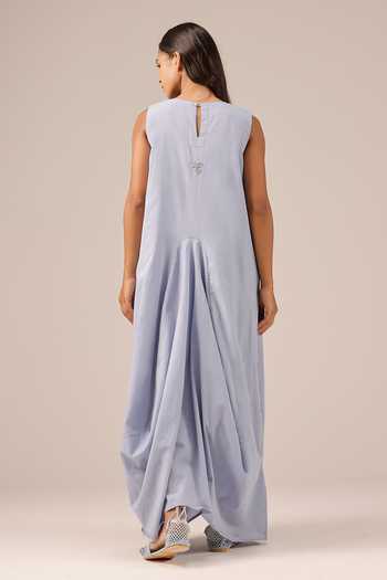 Buy_OurDve_Blue Linen V-, Collared Ocean Dusk Dress And Jacket Set 