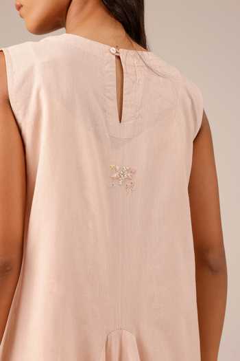 OurDve_Pink Linen V-, Collared Ocean Dusk Ombre Dress And Jacket Set _Online_at_Aza_Fashions