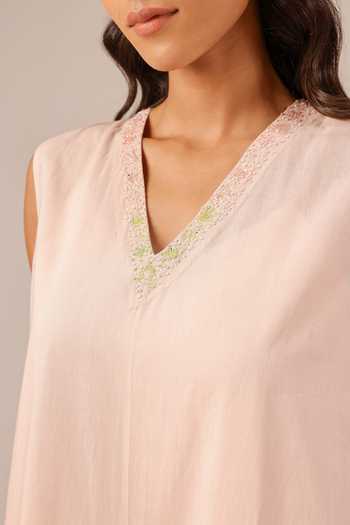 Buy_OurDve_Pink Linen V-, Collared Ocean Dusk Ombre Dress And Jacket Set _Online_at_Aza_Fashions