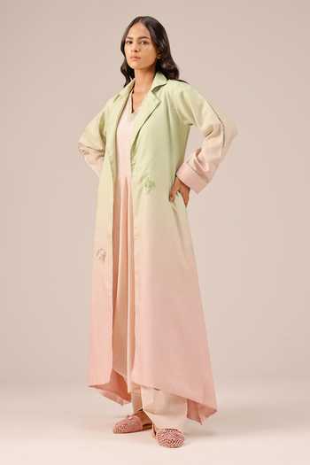 Shop_OurDve_Pink Linen V-, Collared Ocean Dusk Ombre Dress And Jacket Set _Online_at_Aza_Fashions