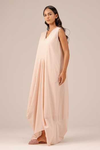 OurDve_Pink Linen V-, Collared Ocean Dusk Ombre Dress And Jacket Set _at_Aza_Fashions