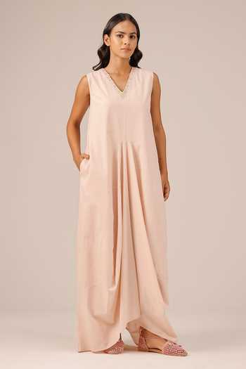 Buy_OurDve_Pink Linen V-, Collared Ocean Dusk Ombre Dress And Jacket Set 