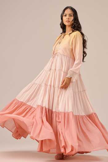 OurDve_Pink Linen Keyhole Neck Sea Salt Tiered Maxi Dress _Online_at_Aza_Fashions